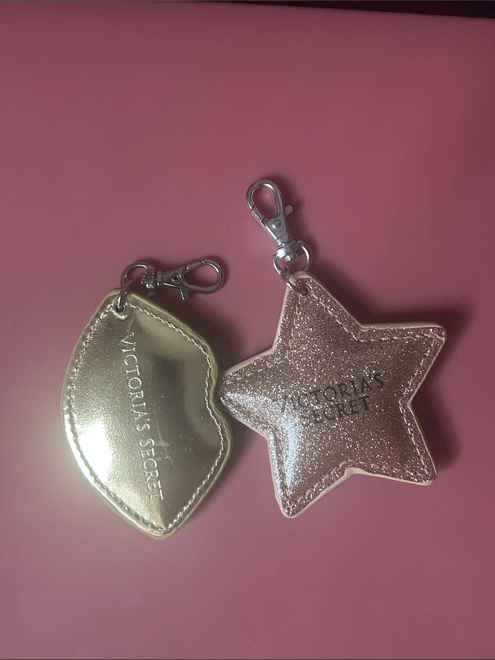Victoria's Secret Gold Lip & Pink Glitter Star Keychain Duo